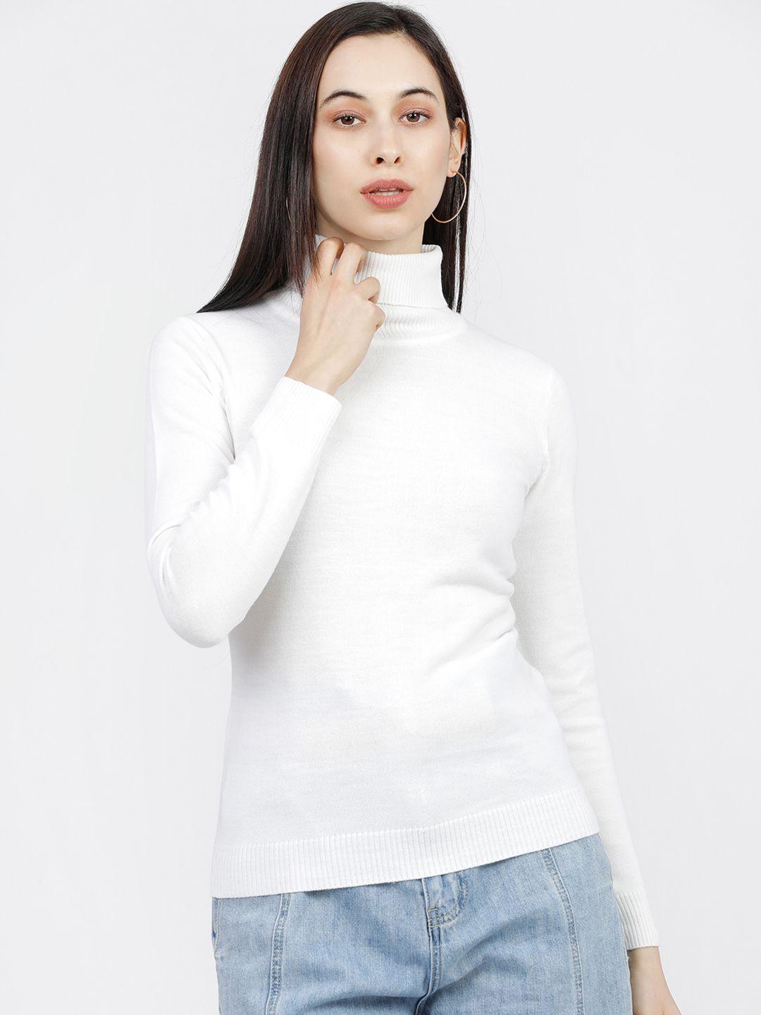 tokyo talkies women cream-coloured solid pullover sweater