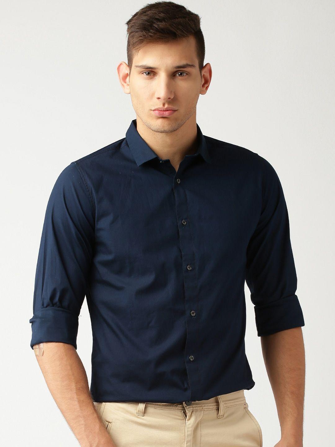 ether men navy blue slim fit antimicrobial cotton stretch shirt