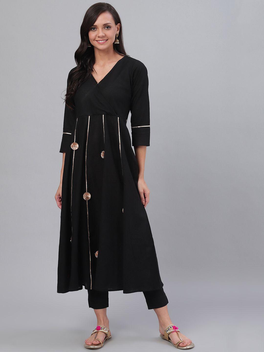 siah women black & golden gotta patti solid angrakha anarkali kurta with crop trousers