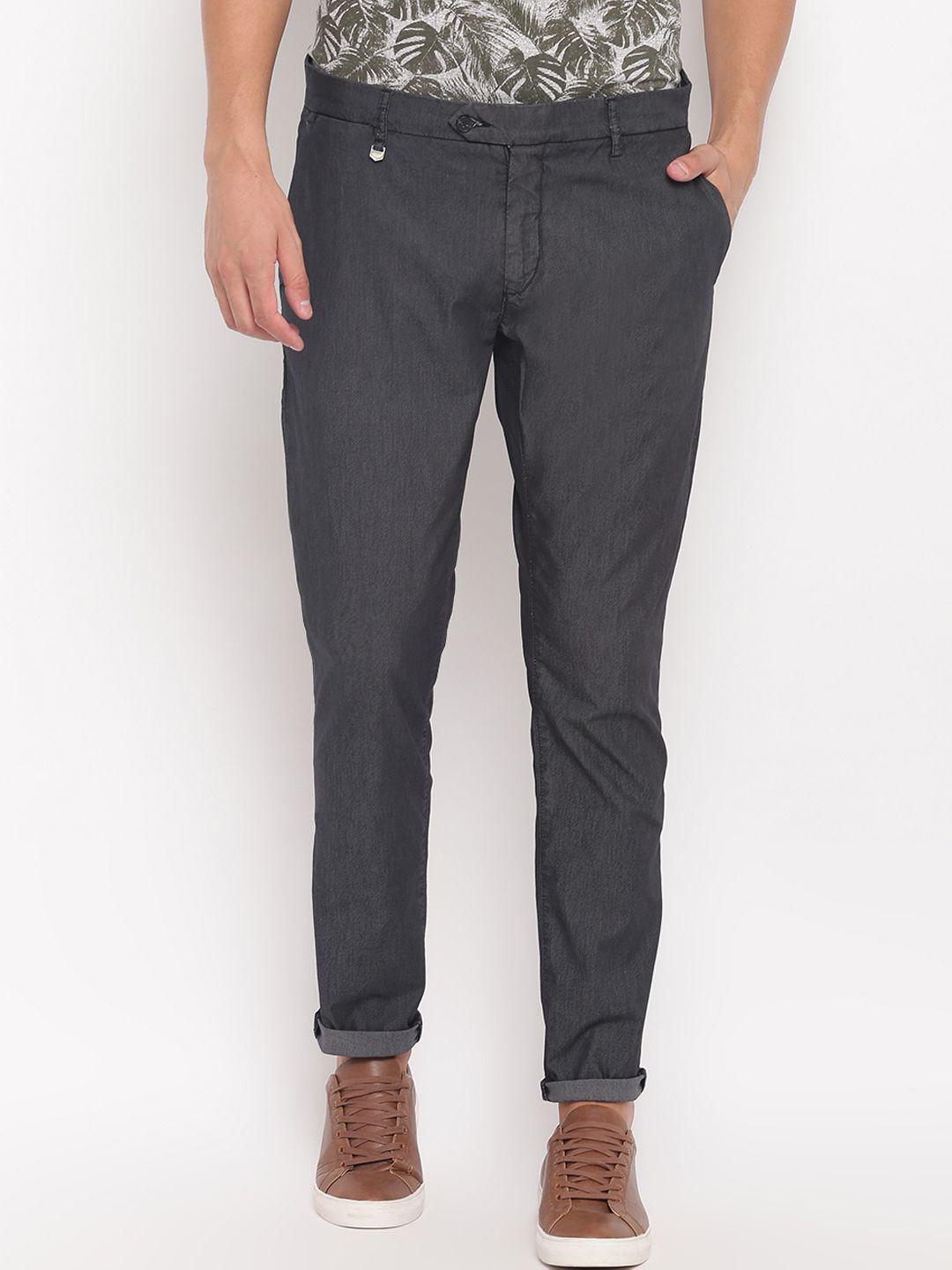 antony morato men charcoal grey slim fit solid regular trousers