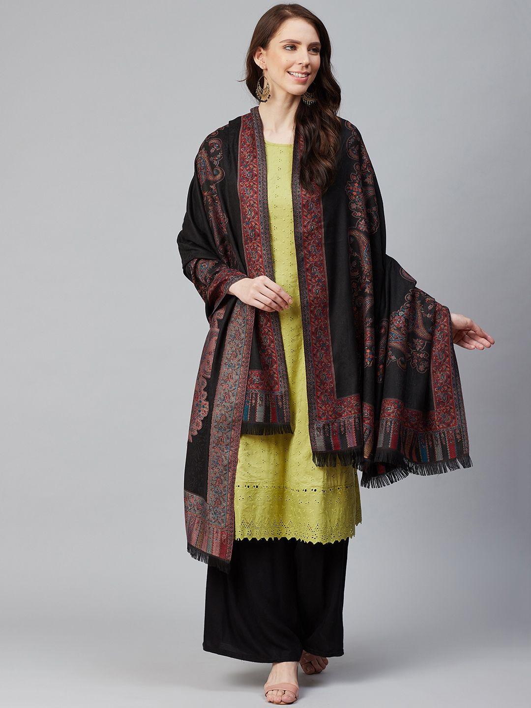 weavers villa women black & red woven design shawl