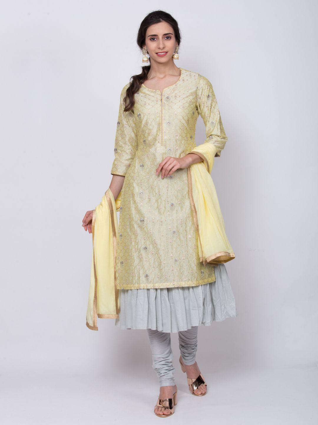 biba women yellow & silver-toned embroidered kurta with churidar & dupatta