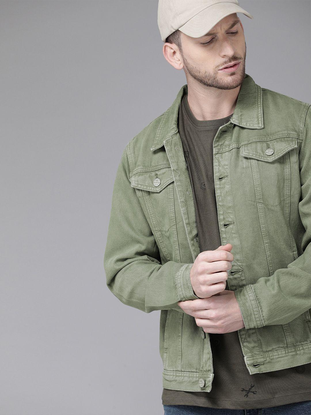 roadster men olive green solid denim jacket