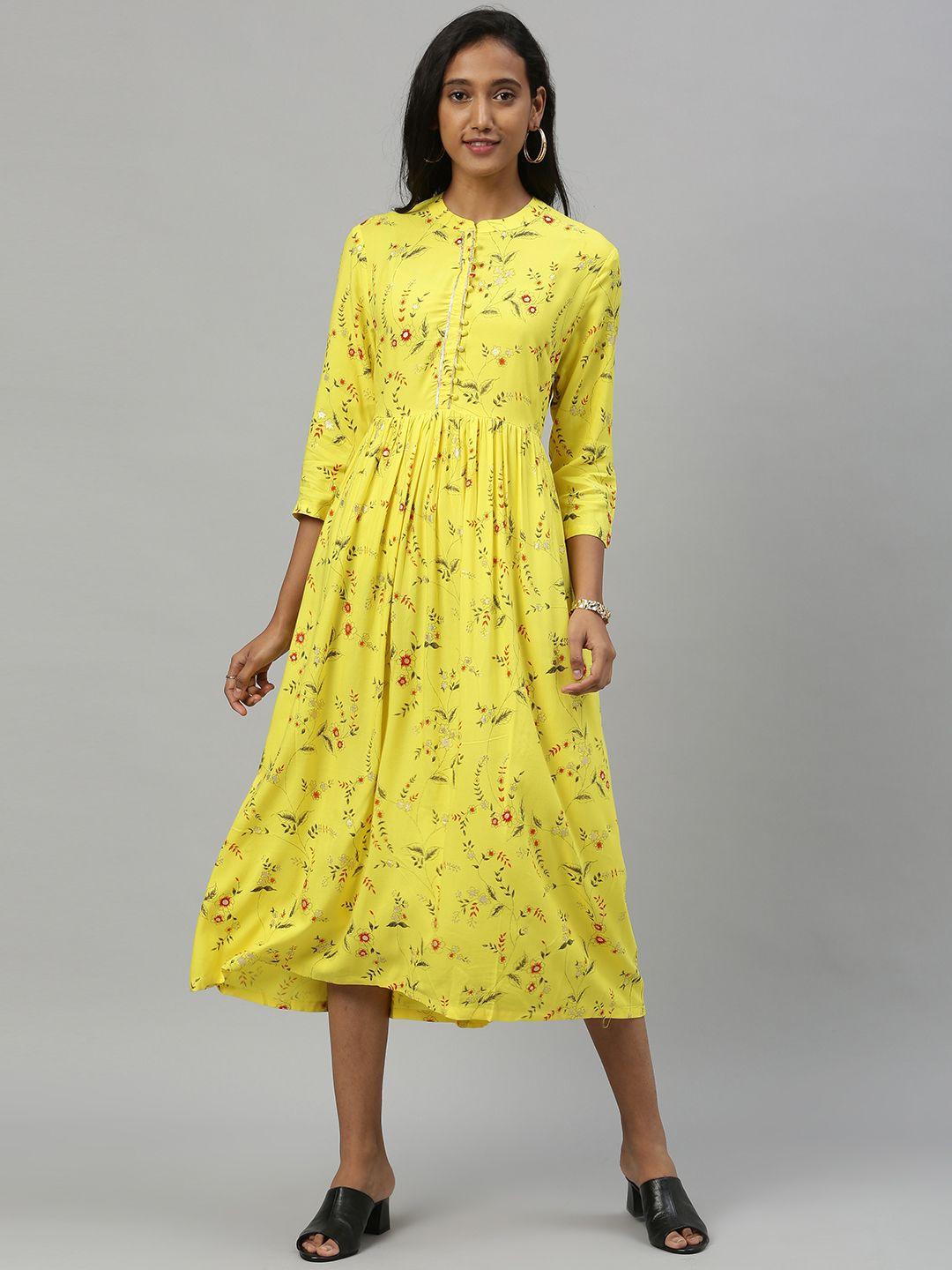 anouk women yellow printed fit and flare dress