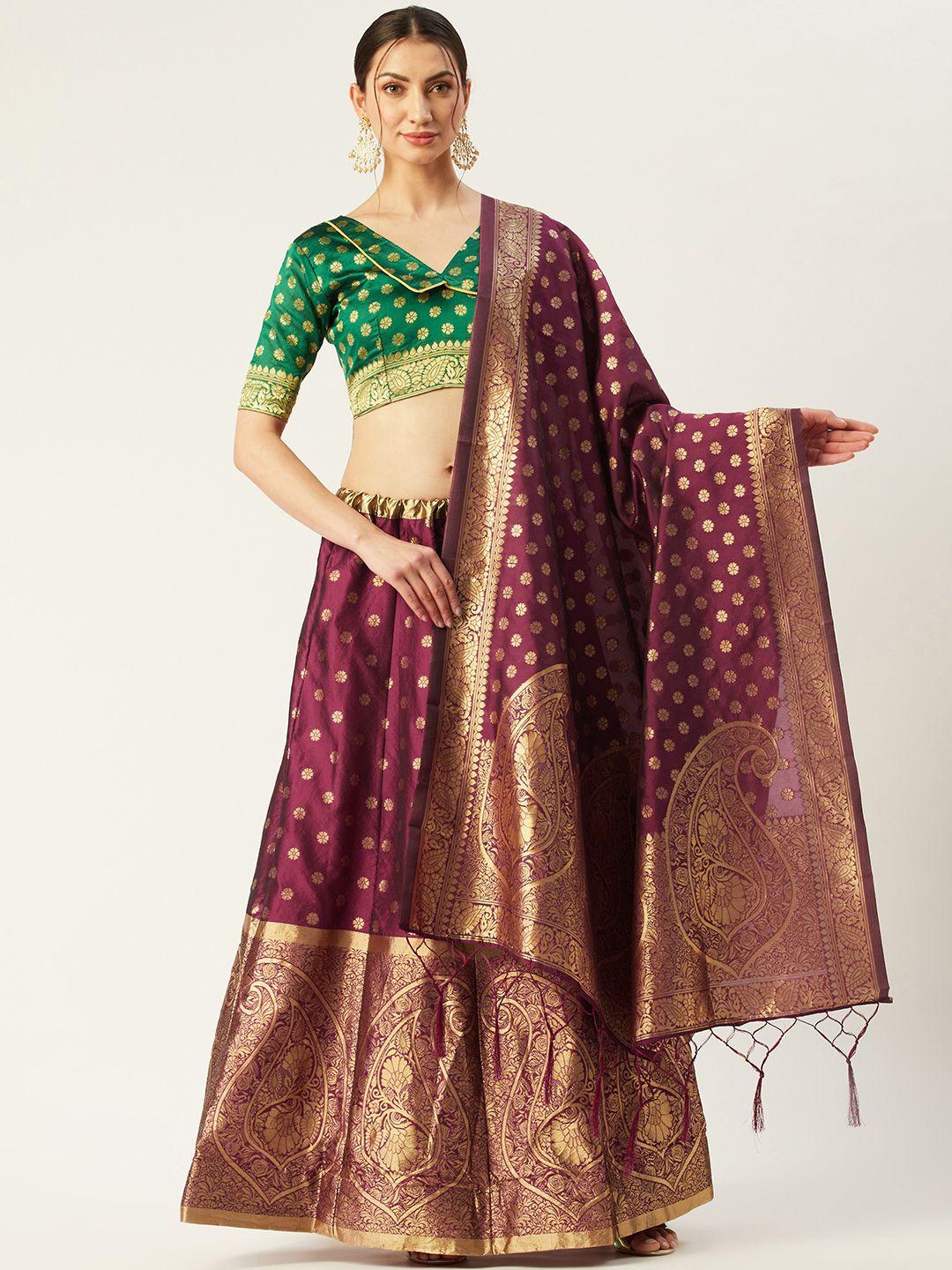 mitera magenta & green woven design semi-stitched lehenga & unstitched blouse with dupatta