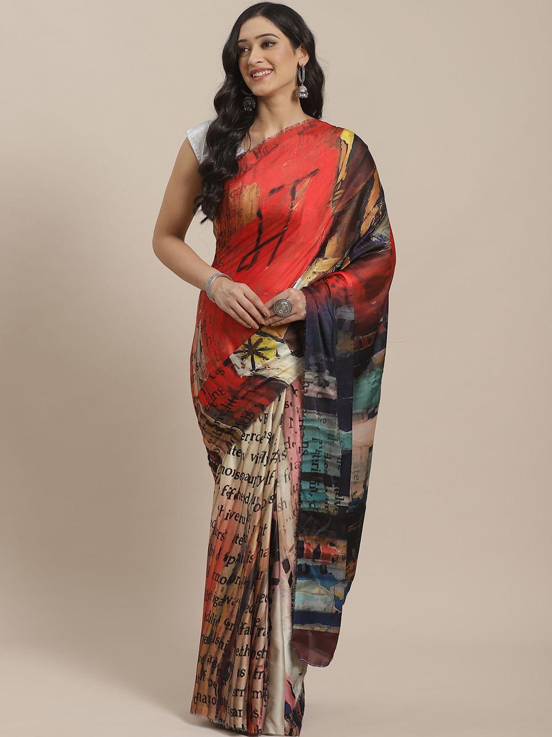 mitera beige & orange satin printed saree