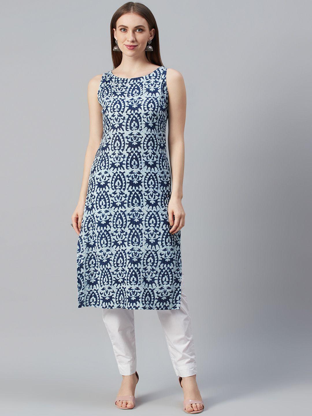 anayna women navy blue & white printed straight kurta