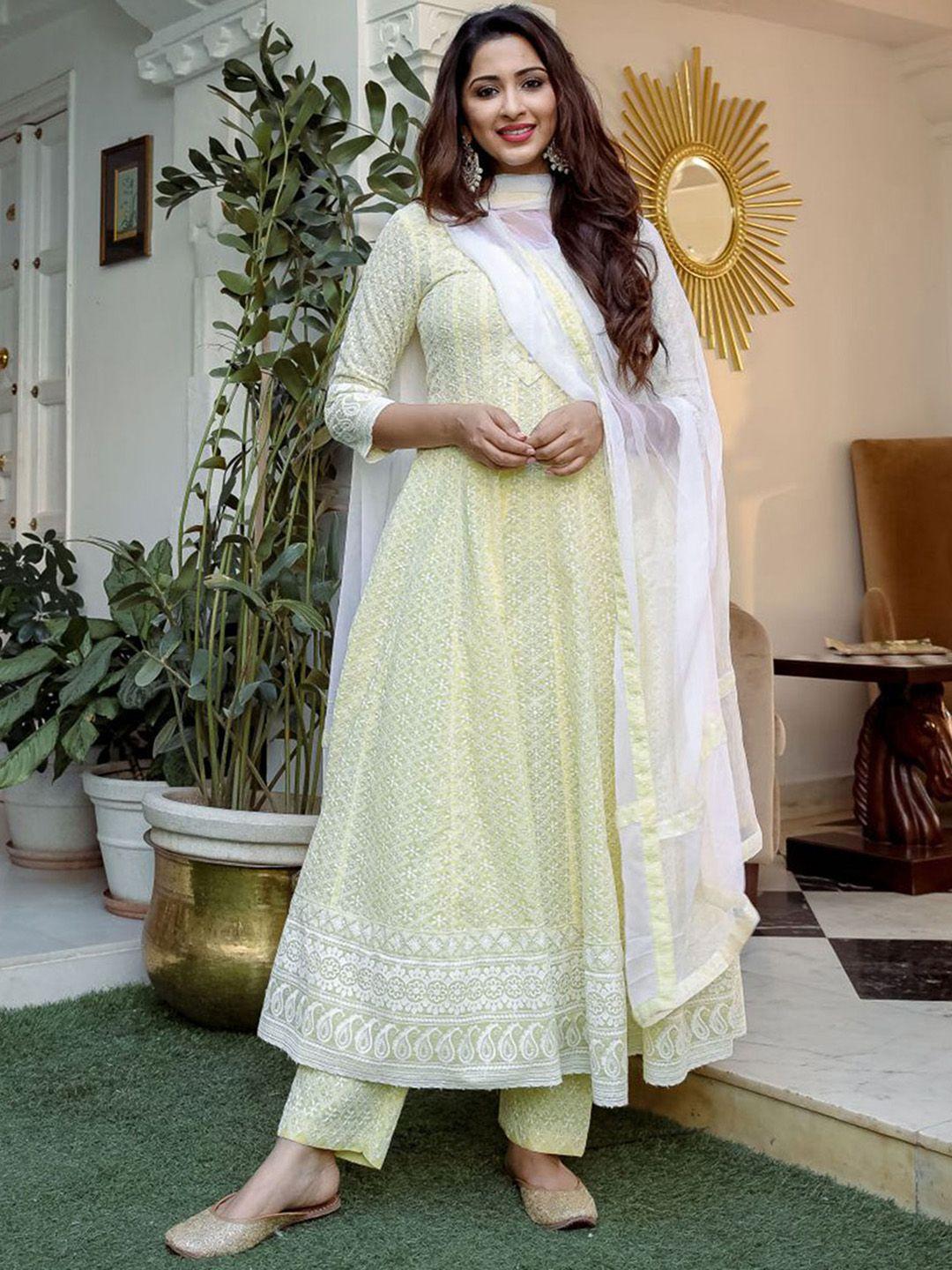 lavanya the label women yellow & white embroidered kurta with trousers & dupatta