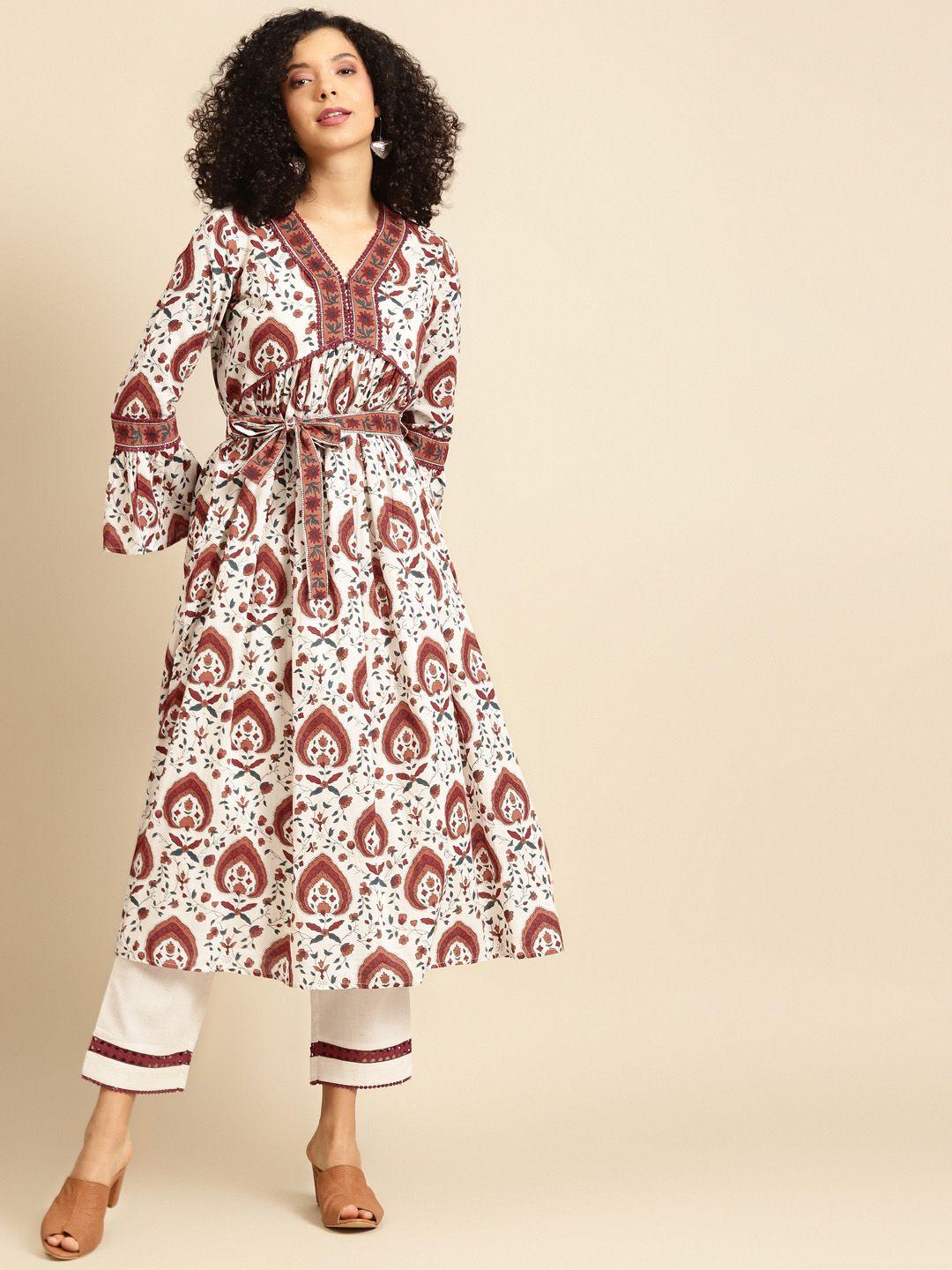 anayna women off-white & maroon printed kurta with trousers