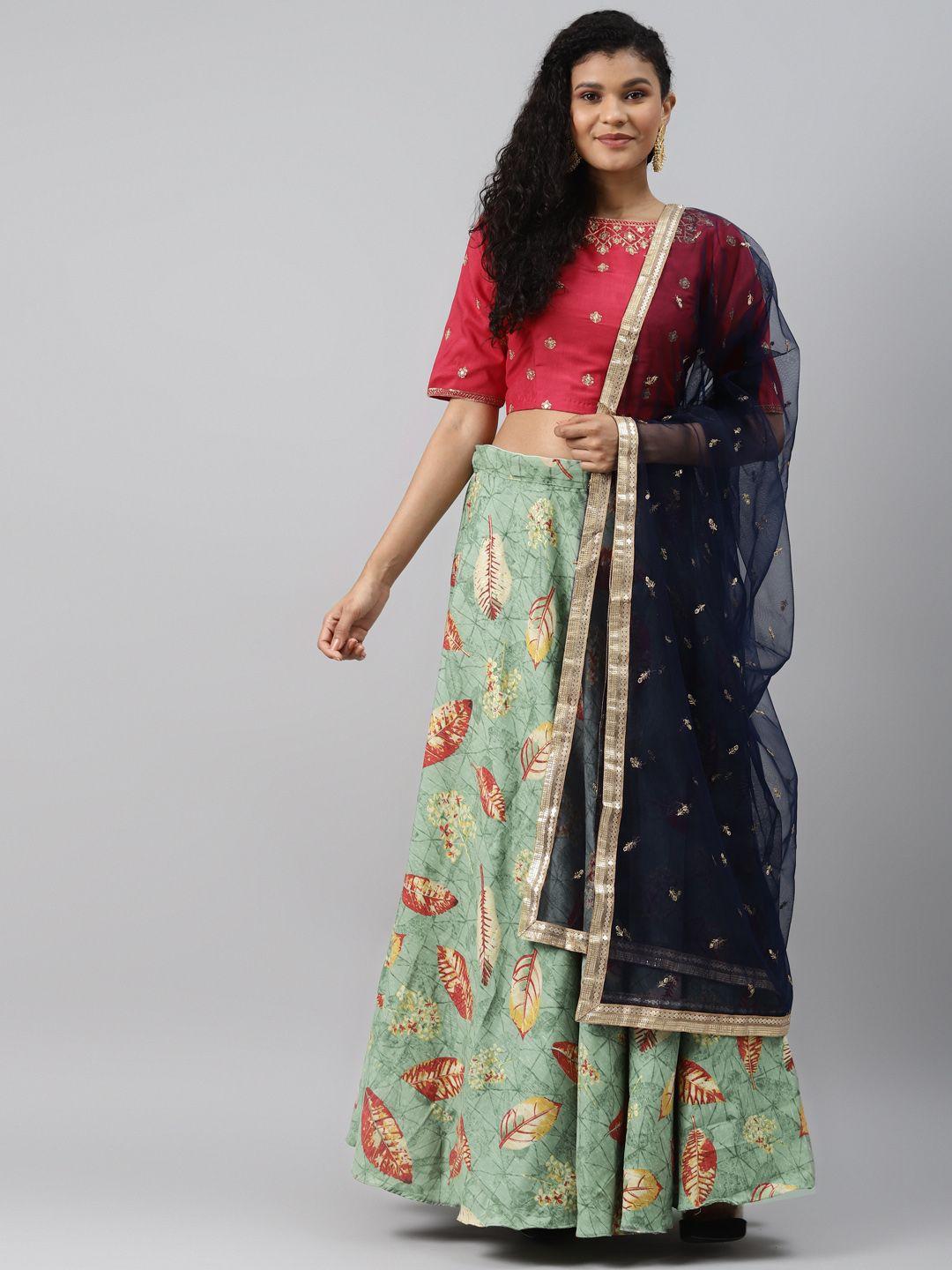 readiprint fashions pink & green printed semi-stitched lehenga & blouse with dupatta