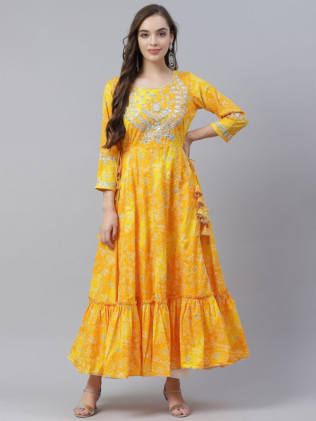 divena women yellow & white bandhani printed gotta patti frills bows and ruffles anarkali kurta