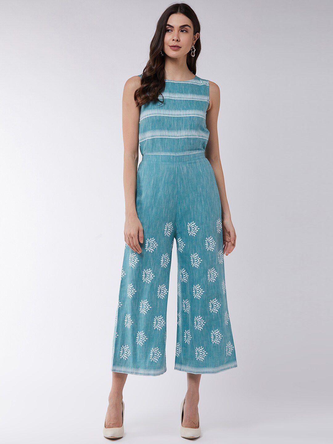 pannkh women sea green & white printed culotte jumpsuit