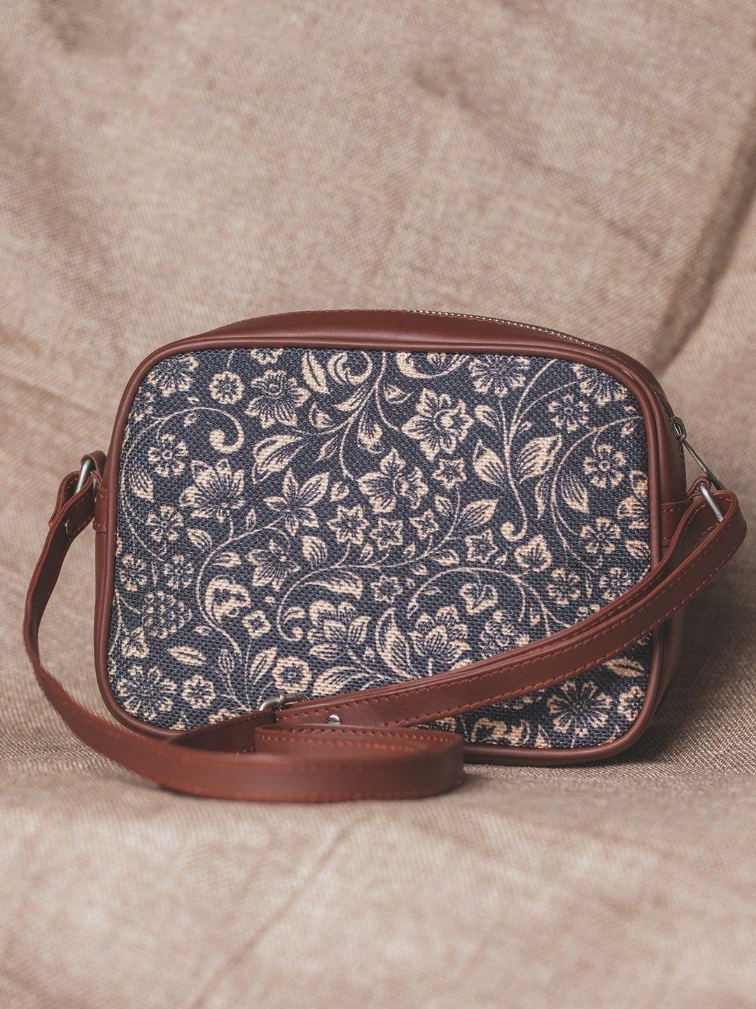 zouk black & beige ethnic motifs woven design handcrafted vegan leather sustainable sling bag