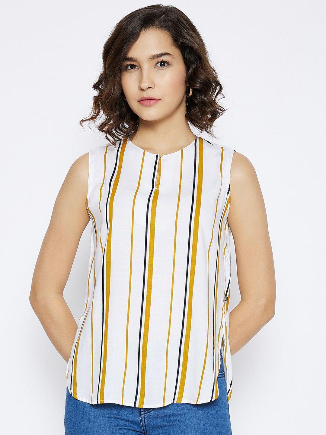 crimsoune club women mustard yellow and white striped regular top