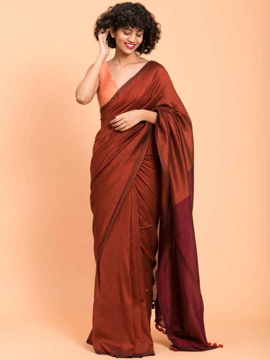 suta brown & brown colourblocked pure cotton saree