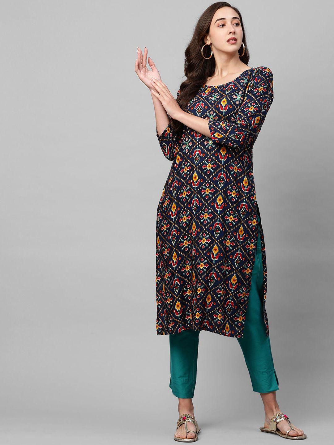 fashor women navy blue & yellow ethnic motifs printed kurta