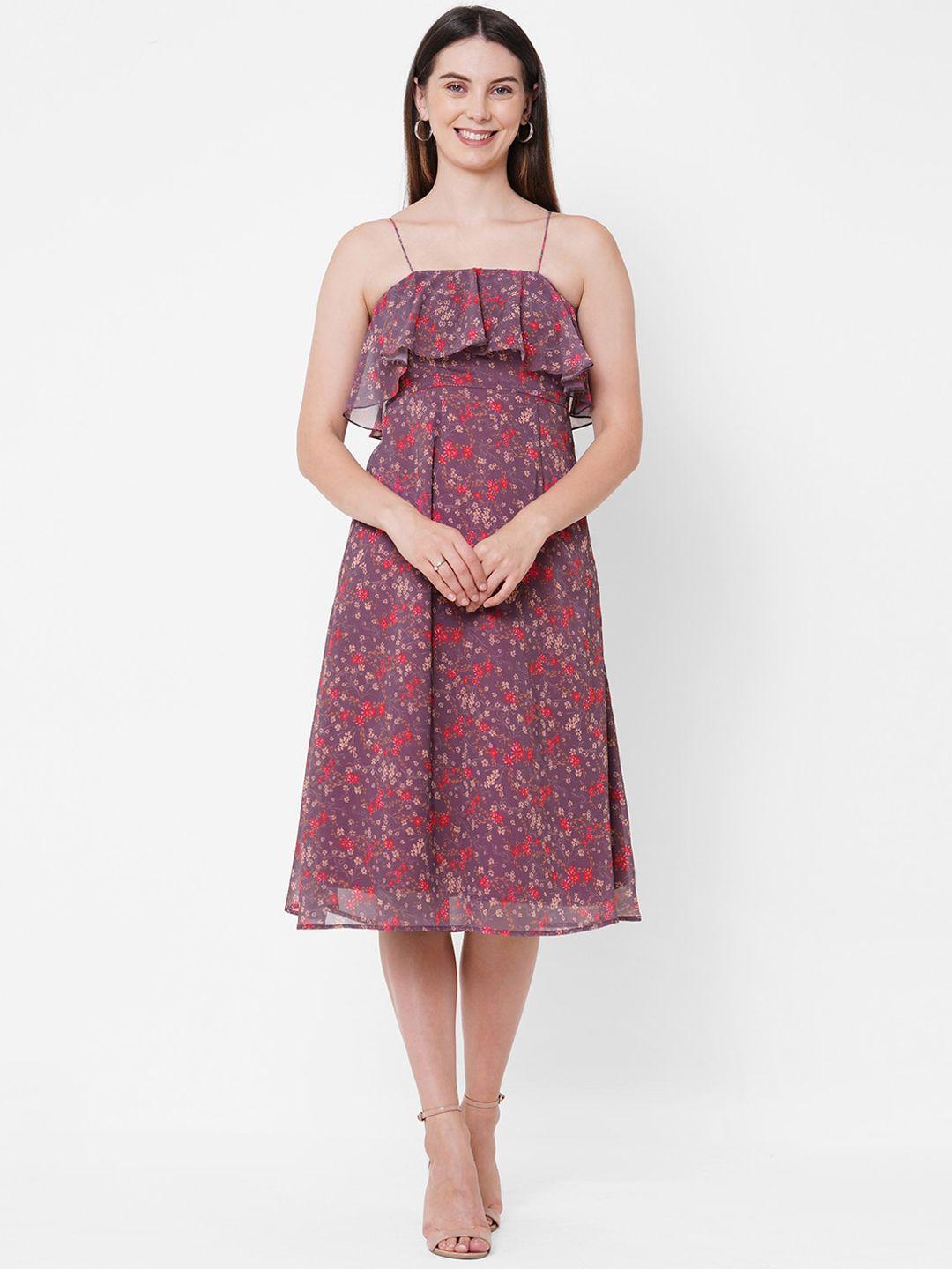 mish women mauve & red floral georgette midi dress