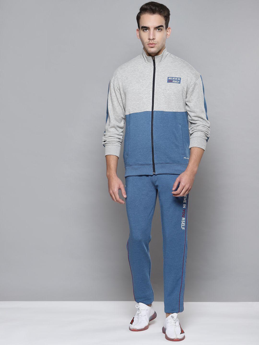 alcis men grey melange & blue colourblocked tracksuit