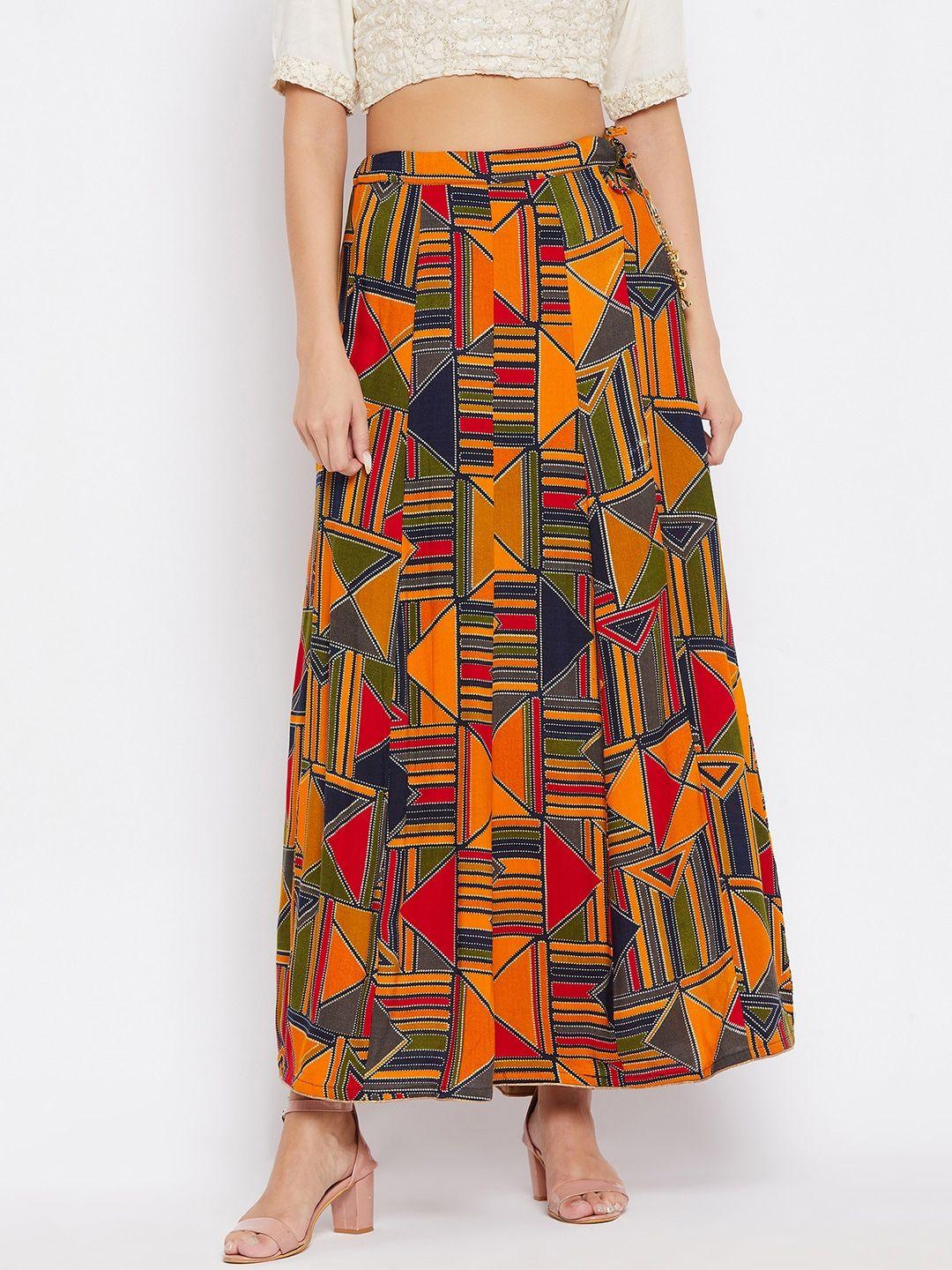 clora creation women mustard-yellow & blue printed flared maxi skirt