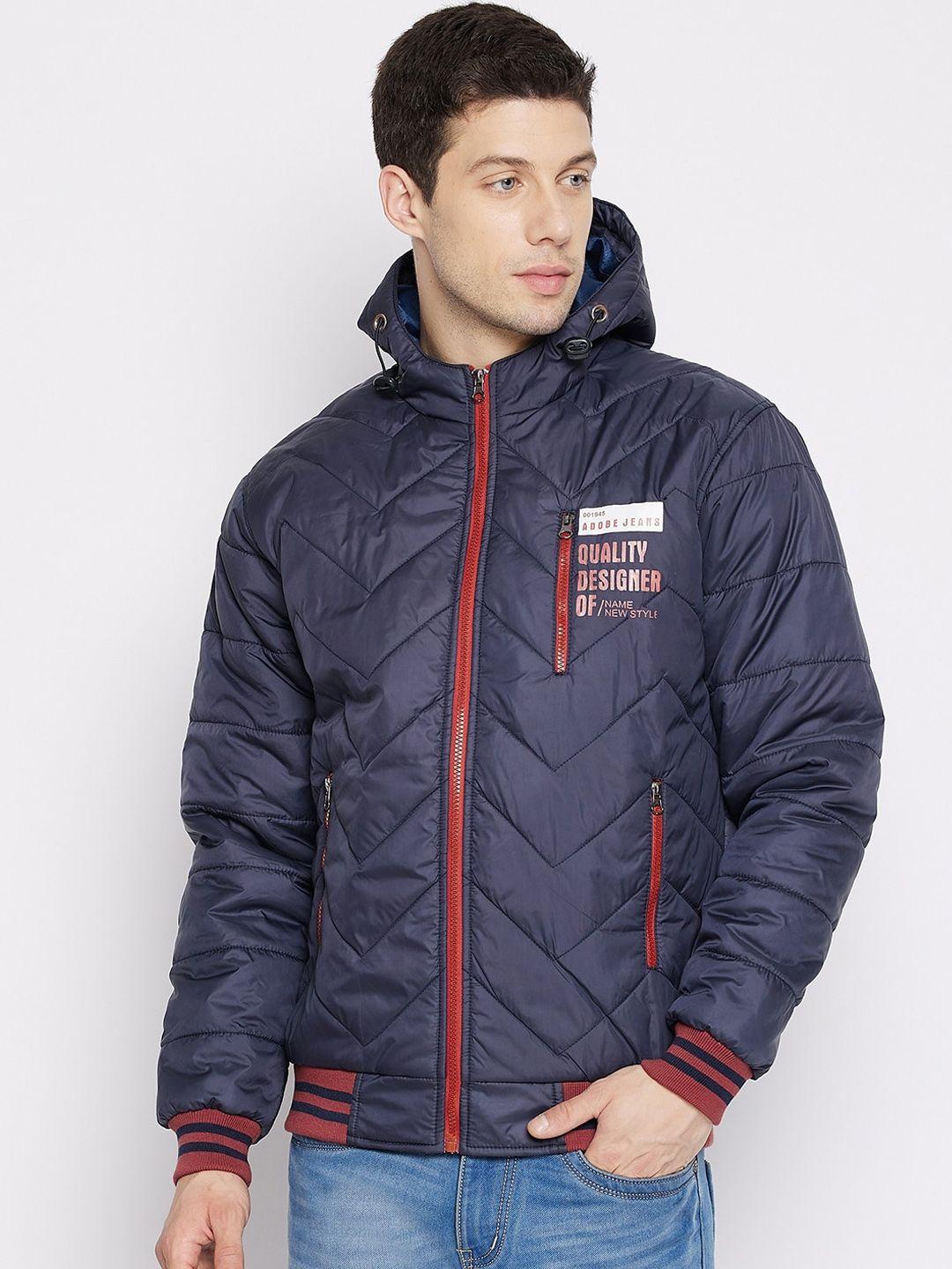 adobe men navy blue red typography printed lightweight full sleeve hooded quilted jacket