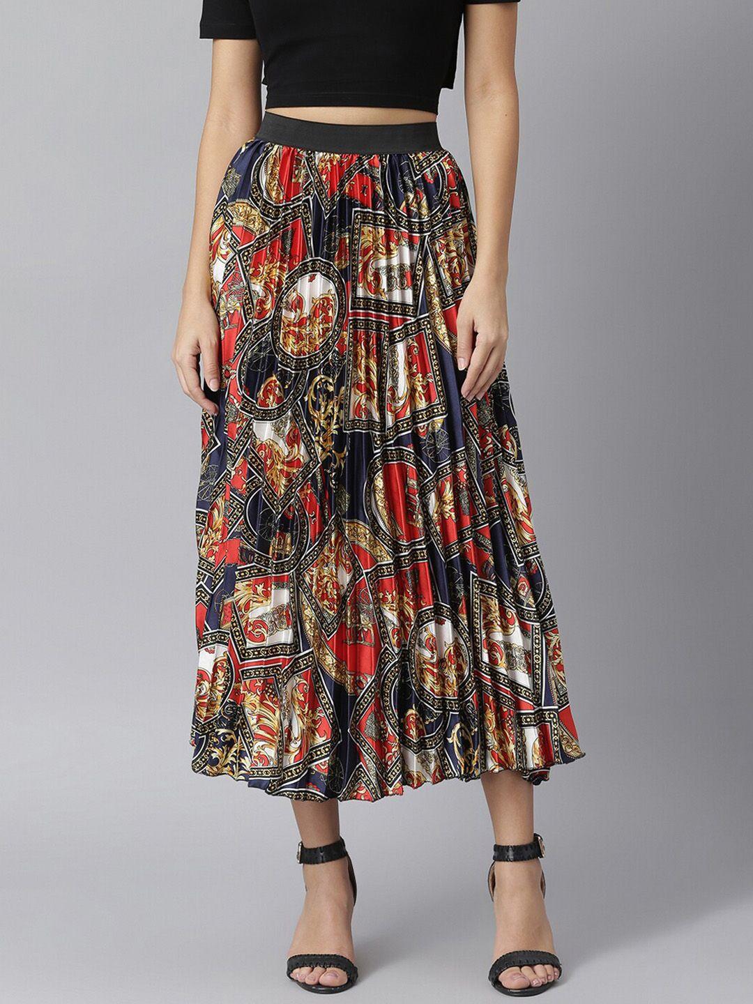 stylestone women red & navy blue printed accordion pleated midi skirt