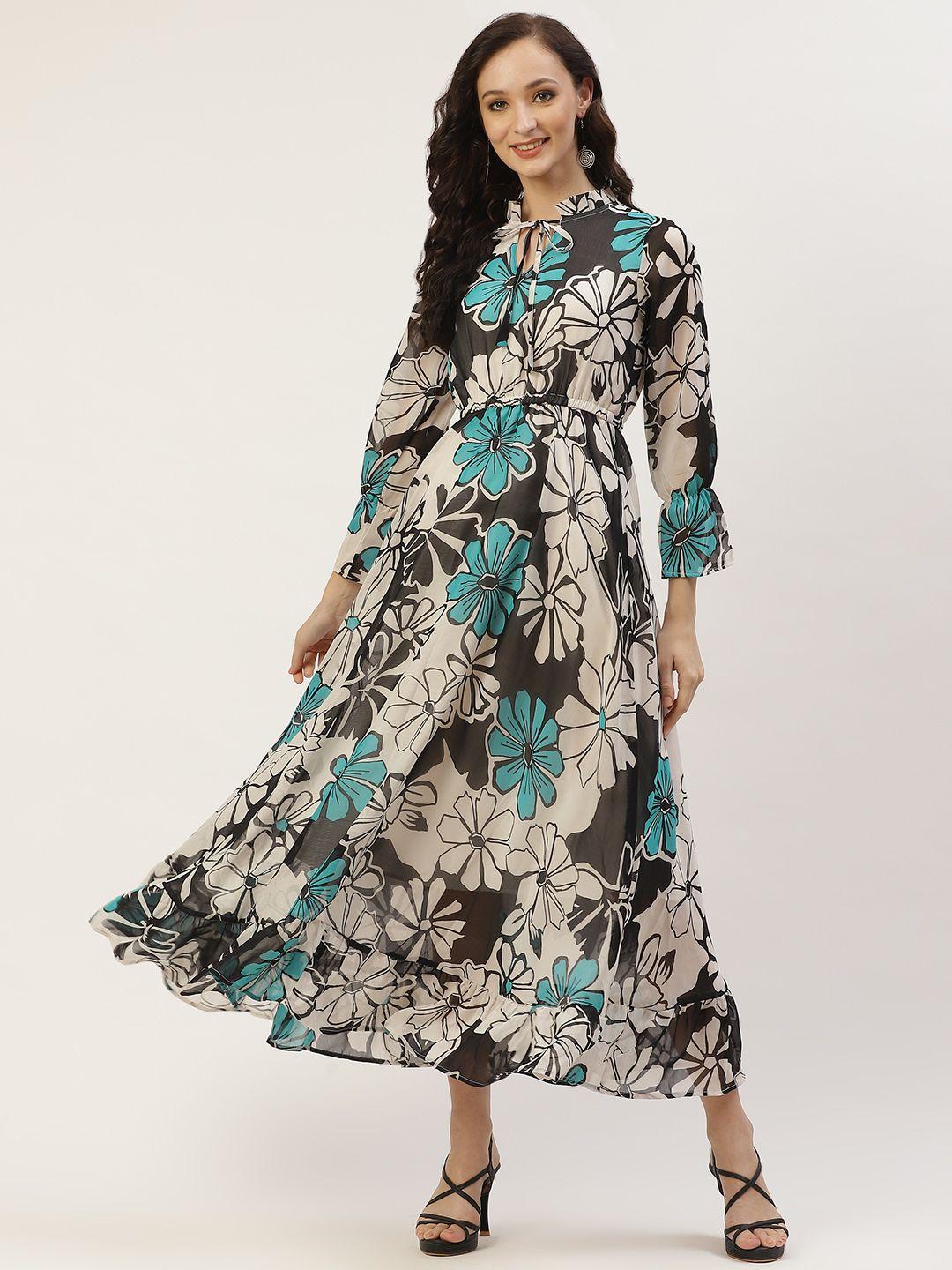 deewa black & white floral keyhole neck georgette midi dress