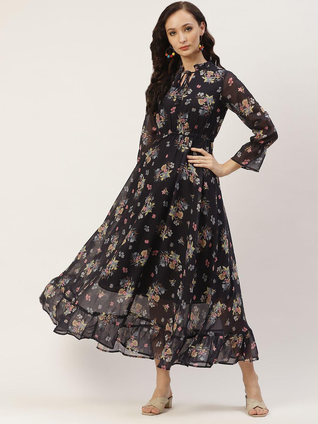 deewa black floral keyhole neck georgette maxi dress