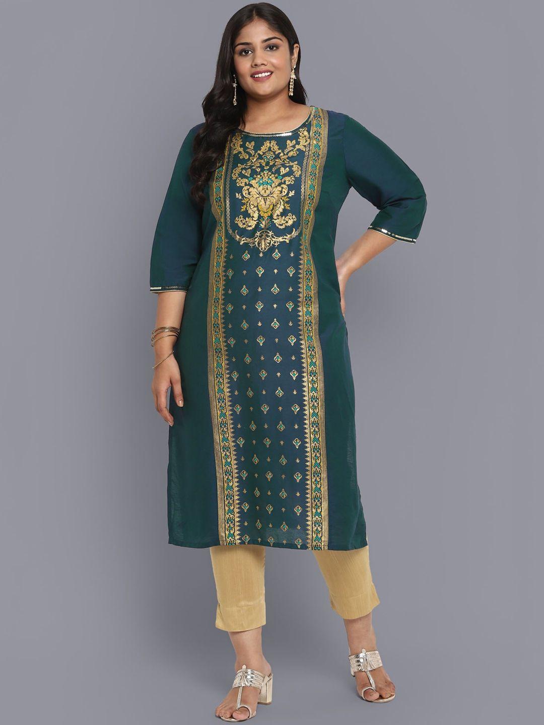 aurelia women green & gold-toned ethnic motifs printed kurta