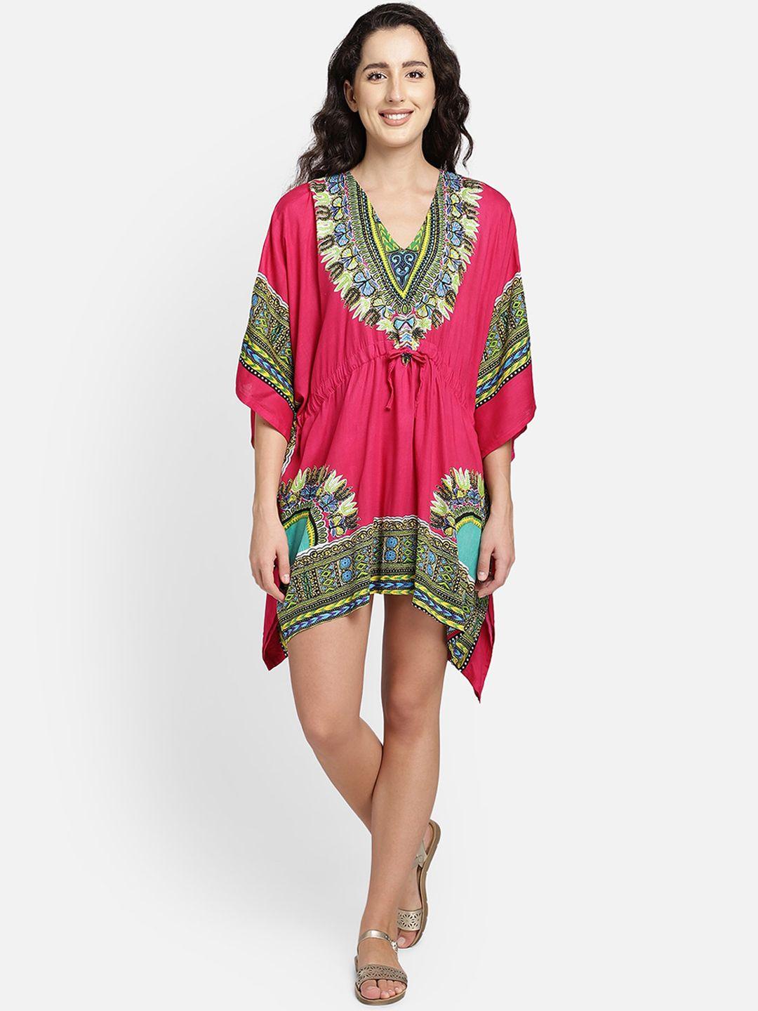 aditi wasan pink & green ethnic motifs kaftan dress