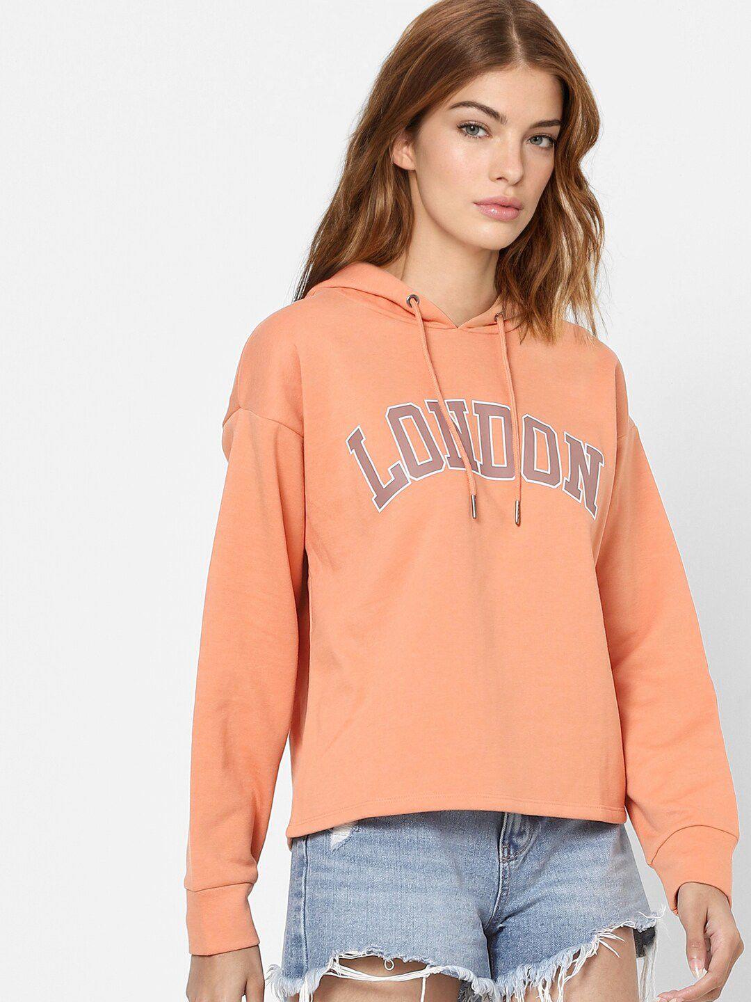 only women orange printed hooded sweatshirt