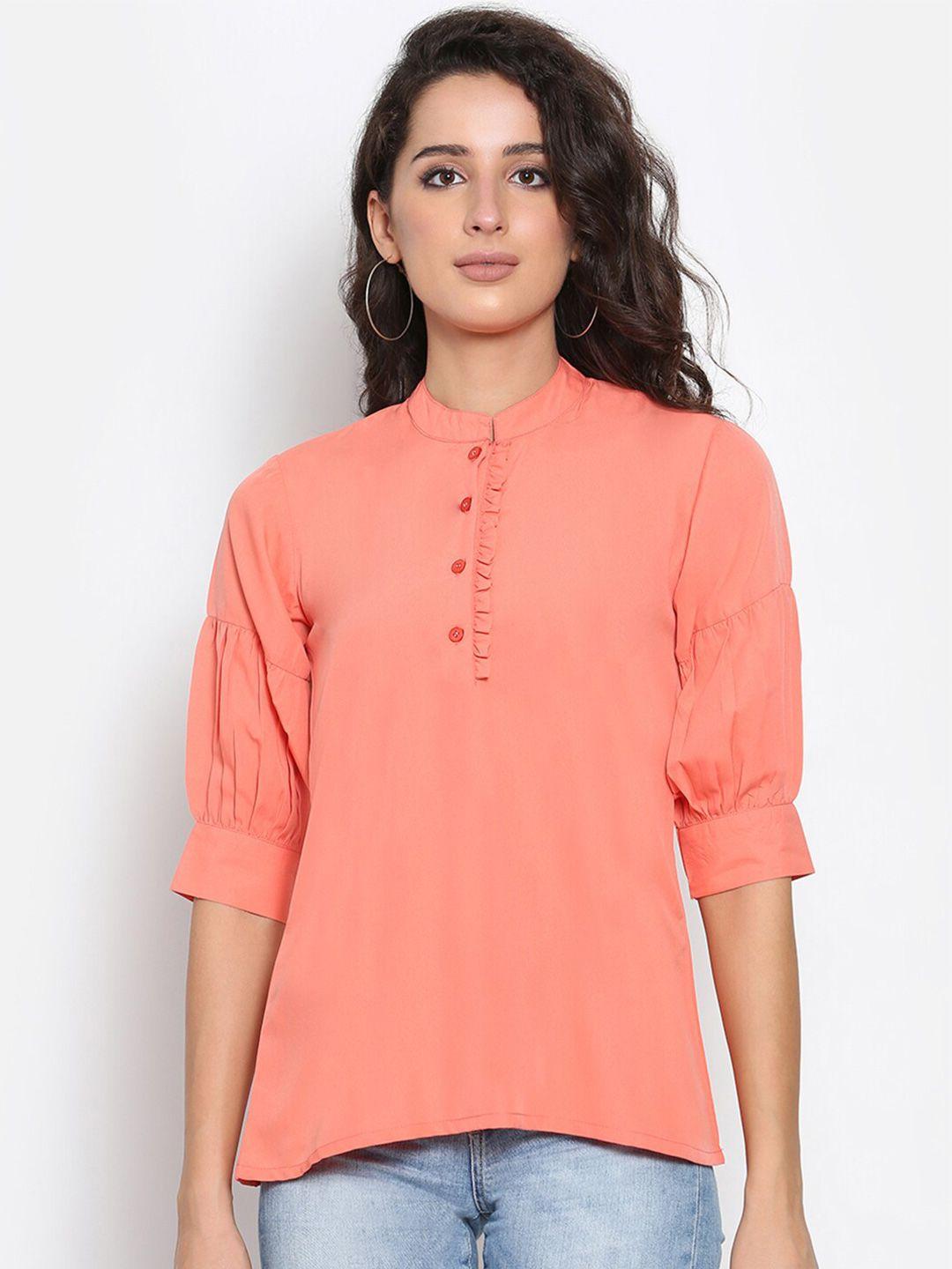 marc louis peach-coloured mandarin collar ruffles crepe a-line top