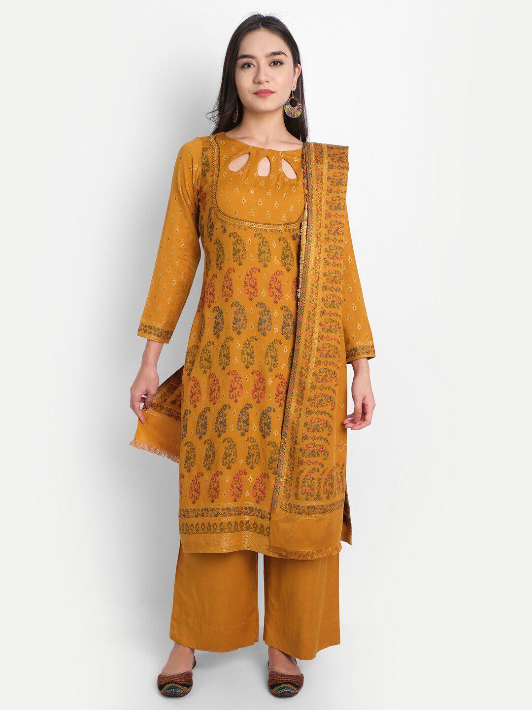 hk colours of fashion mustard & pink woven design viscose rayon unstitched dress material