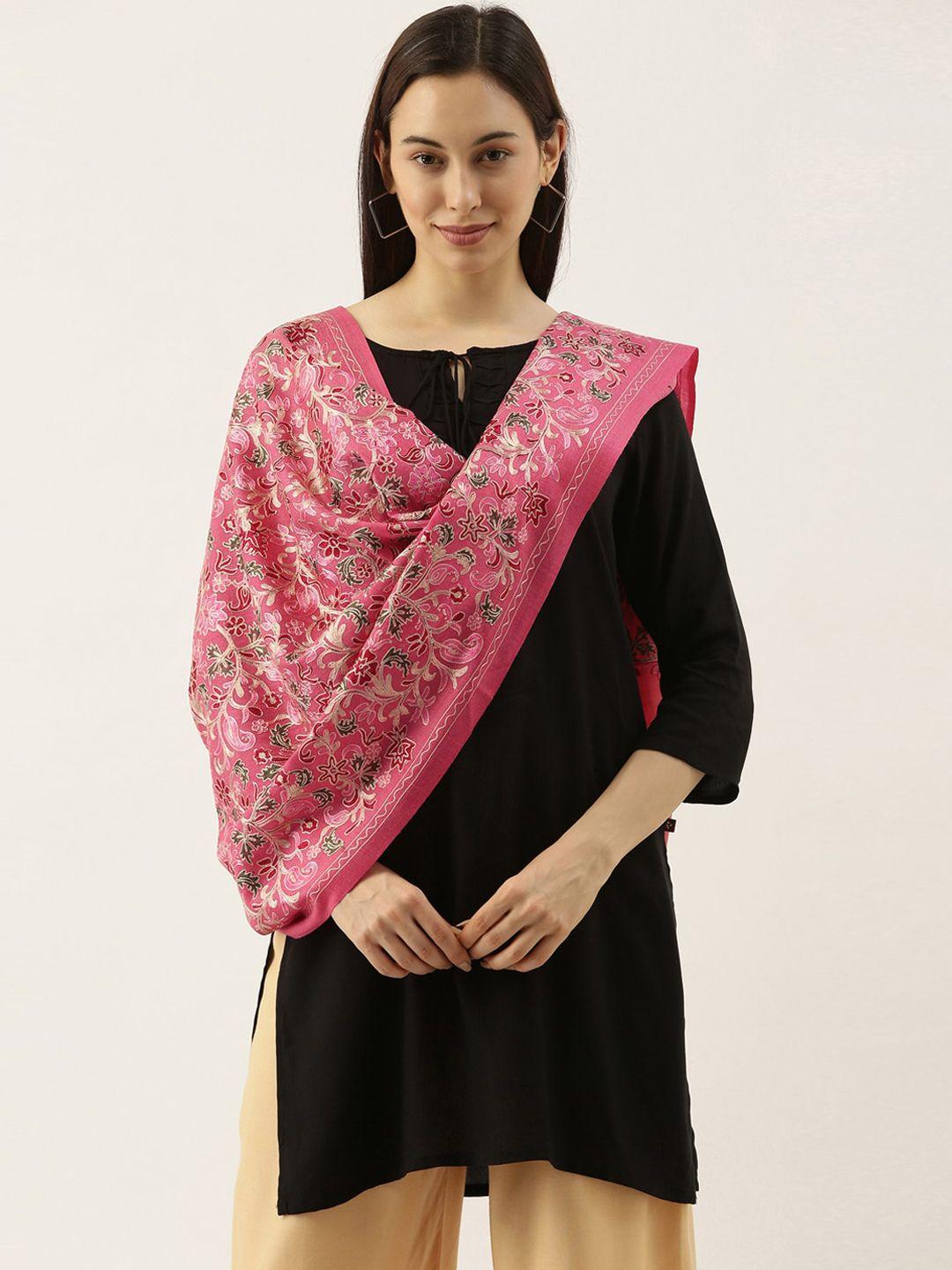 pashmoda women pink & beige floral embroidered woollen shawl