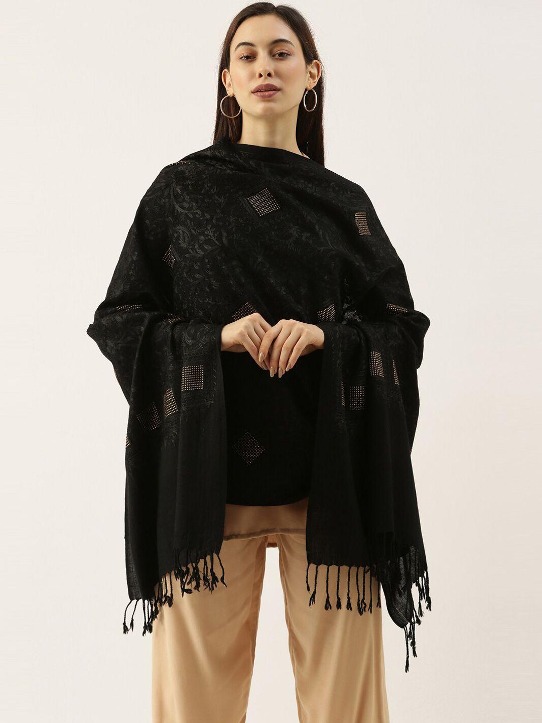 pashmoda women black & gold-coloured embroidered woolen shawl