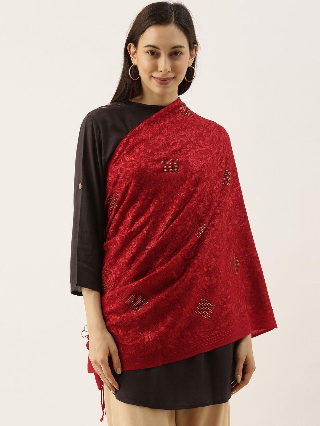 pashmoda women maroon embroidered pure wool shawl