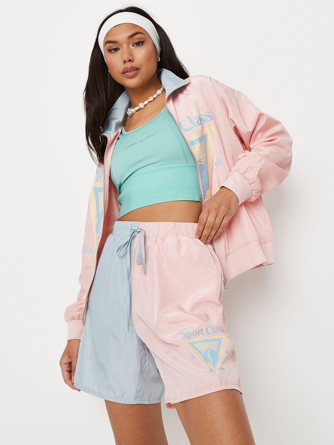 missguided women pink & blue colourblocked running sports shorts