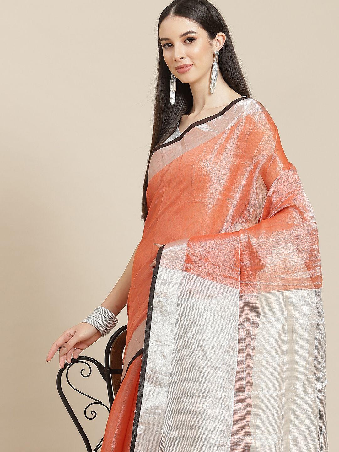 anouk peach-coloured & cream-coloured linen blend saree