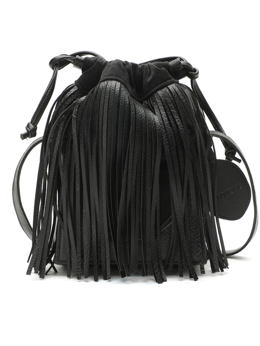 clotche black pu bucket sling bag with fringed