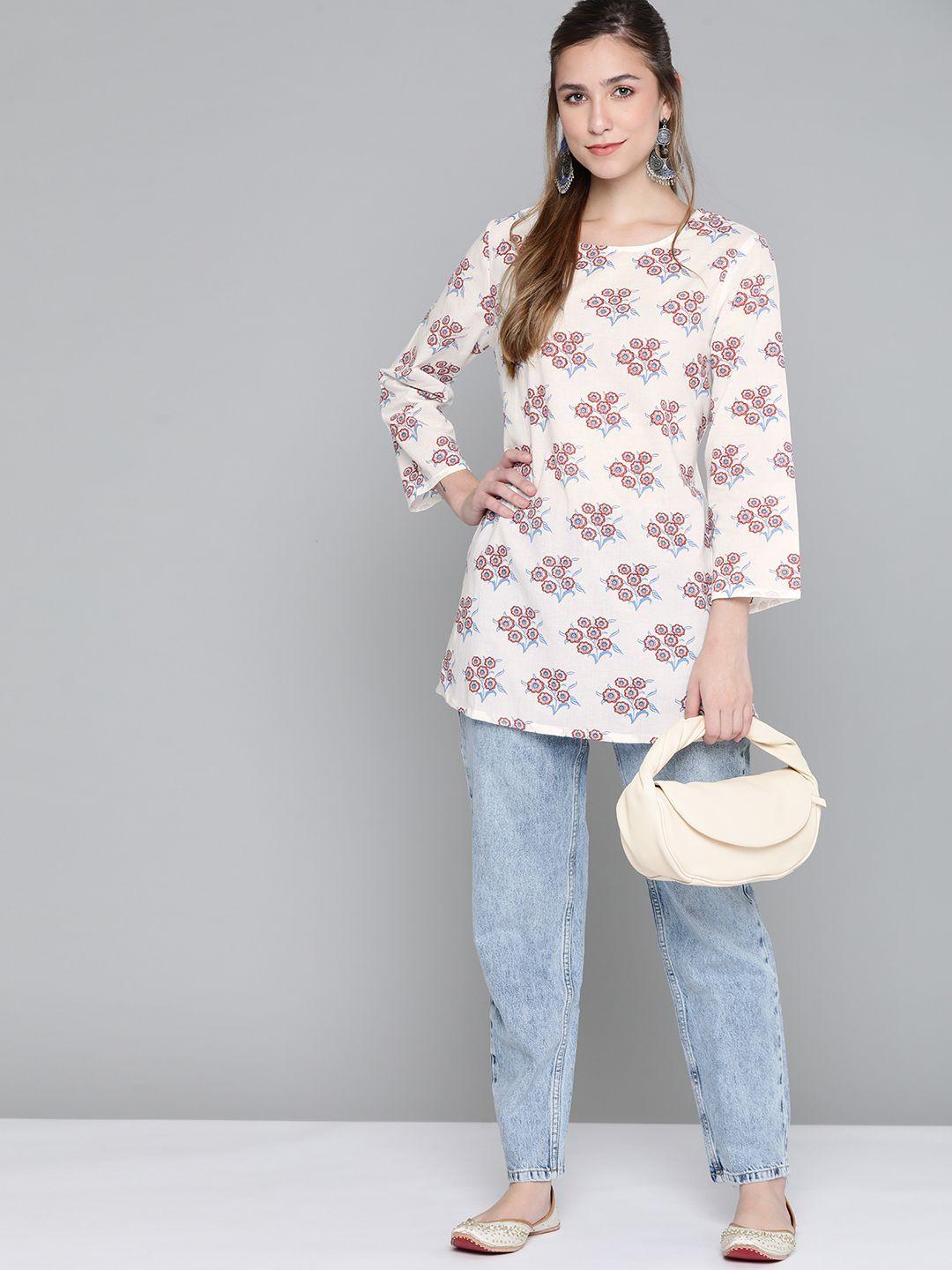 here&now white & pink ethnic motifs printed pure cotton kurti