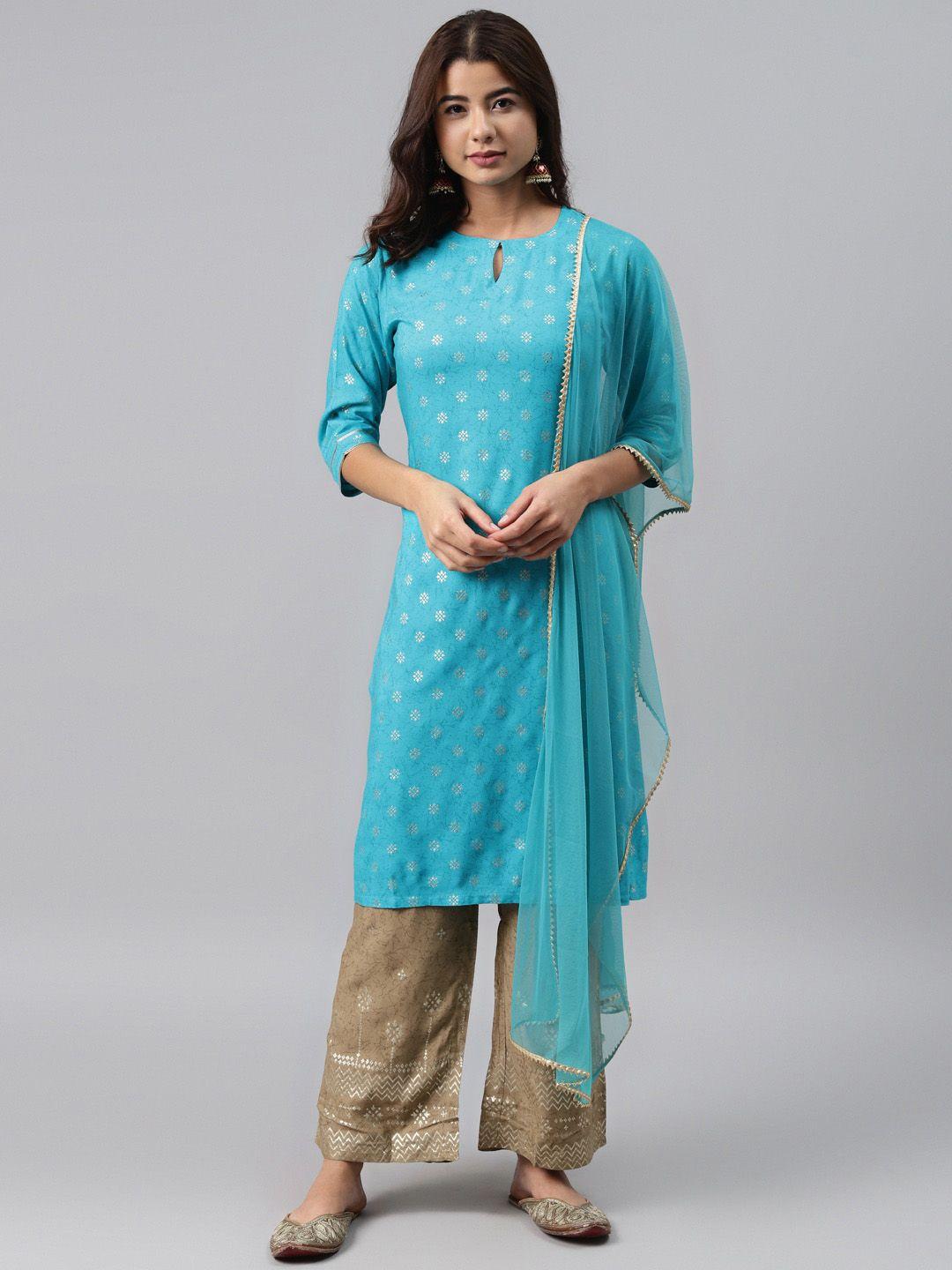 gerua women blue & brown ethnic motifs printed regular kurta with palazzos & dupatta