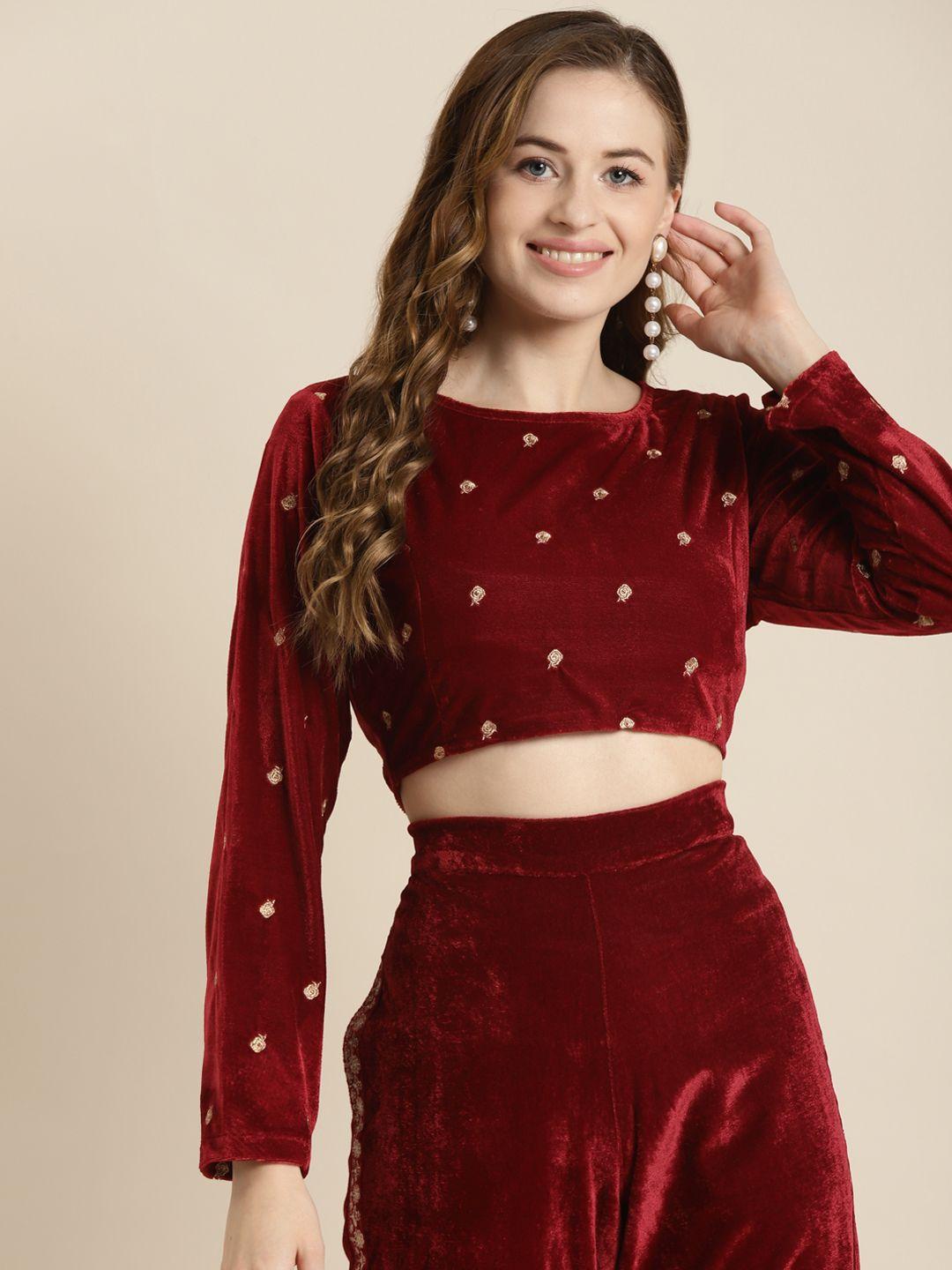 shae by sassafras maroon & gold-toned embroidered velvet regular crop top