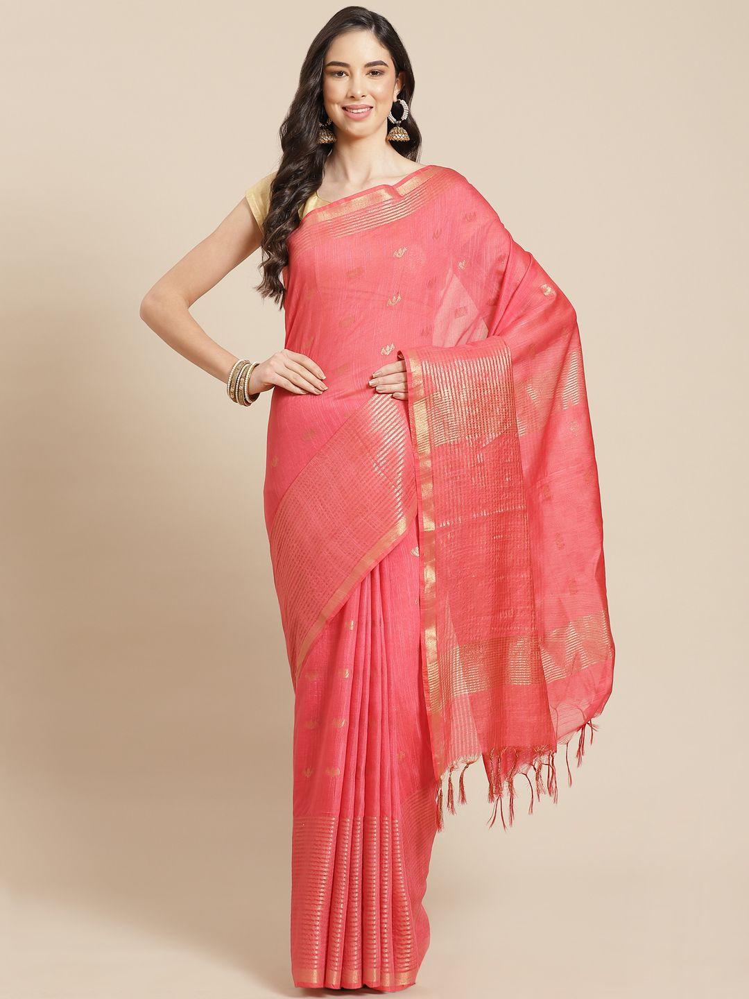 swatika peach-coloured zari silk blend bhagalpuri handloom saree & unstitched blouse piece