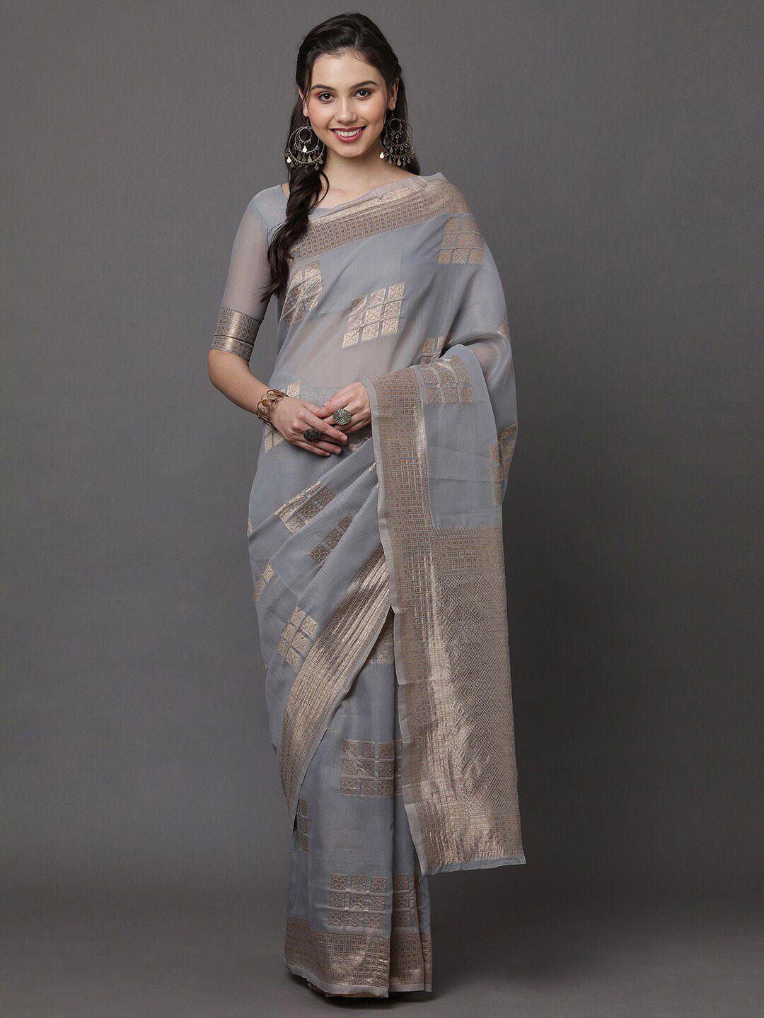 mitera grey & gold-toned floral linen blend banarasi saree