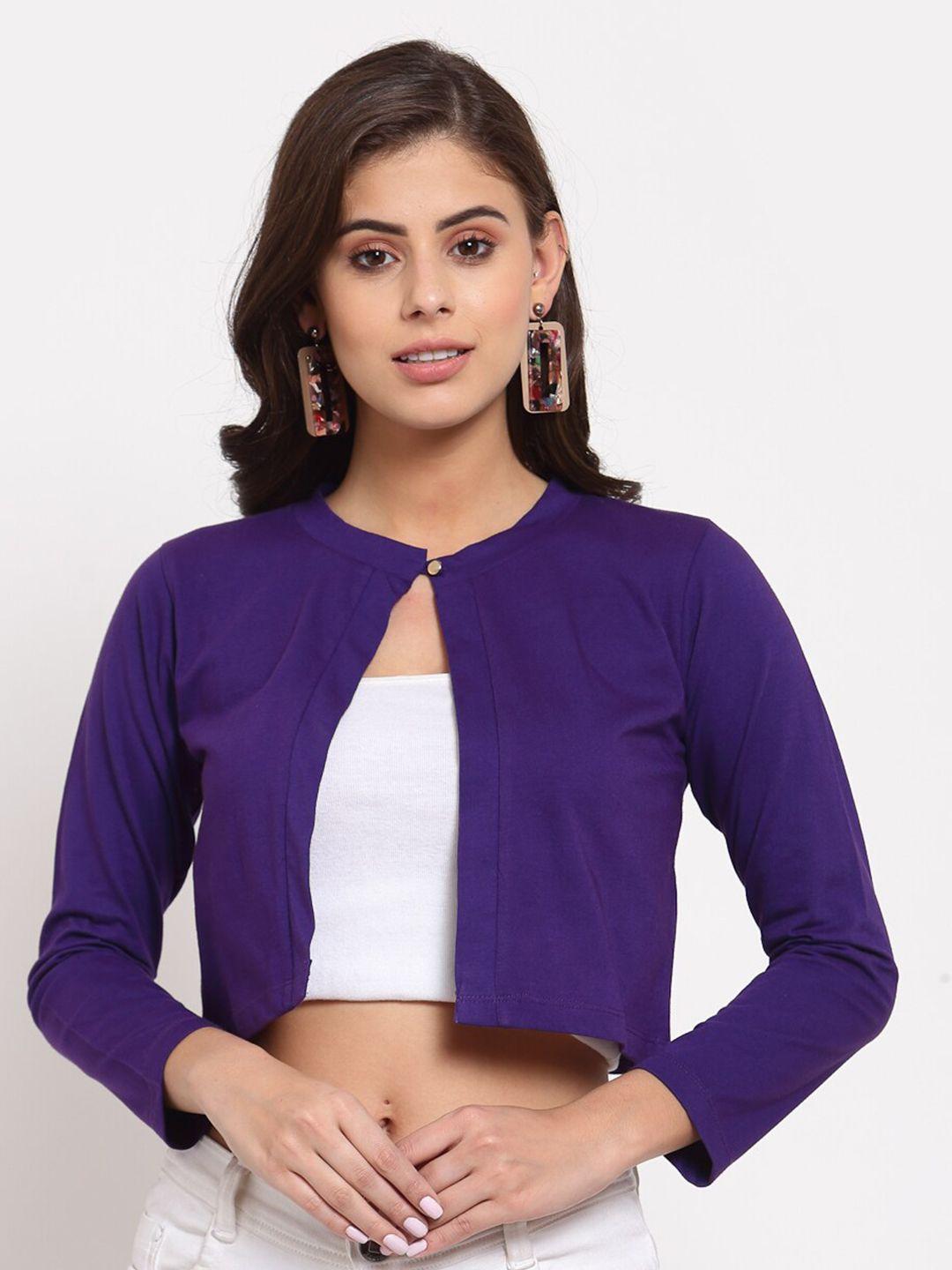 style quotient women purple solid open front shrug with button