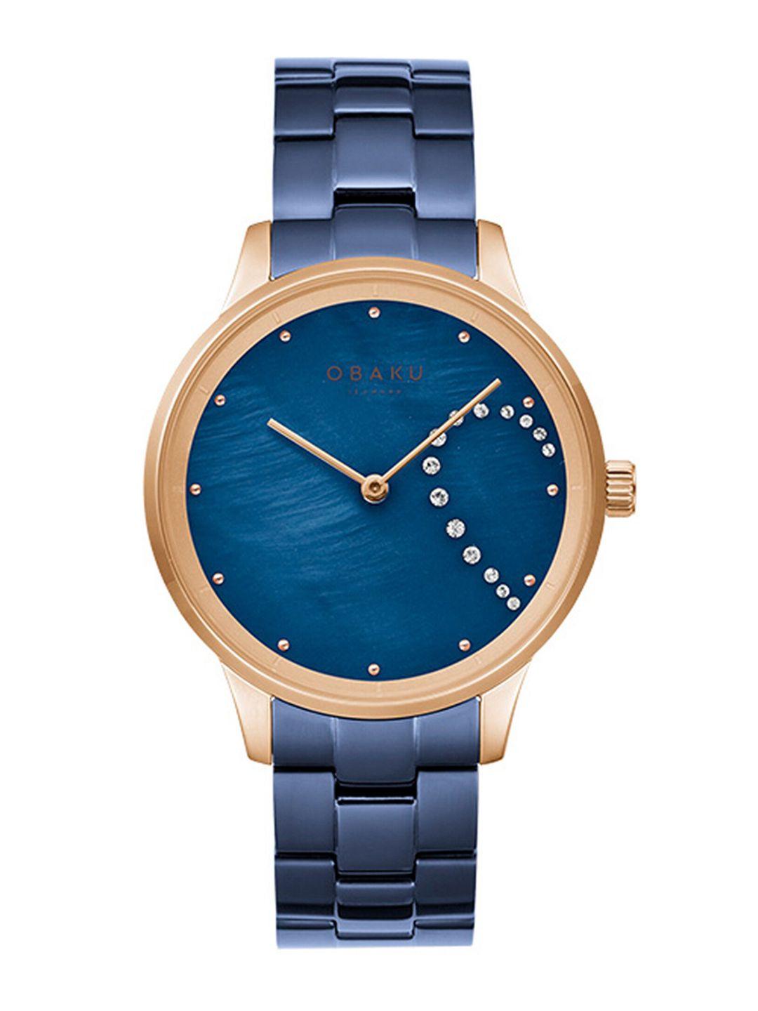 obaku women teal brass embellished dial & strap analogue watch v247lhvlsl