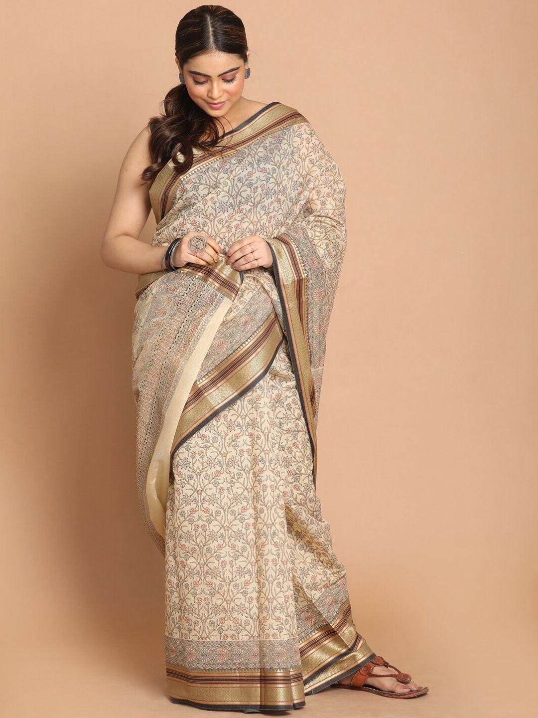 indethnic black & beige floral printed zari saree