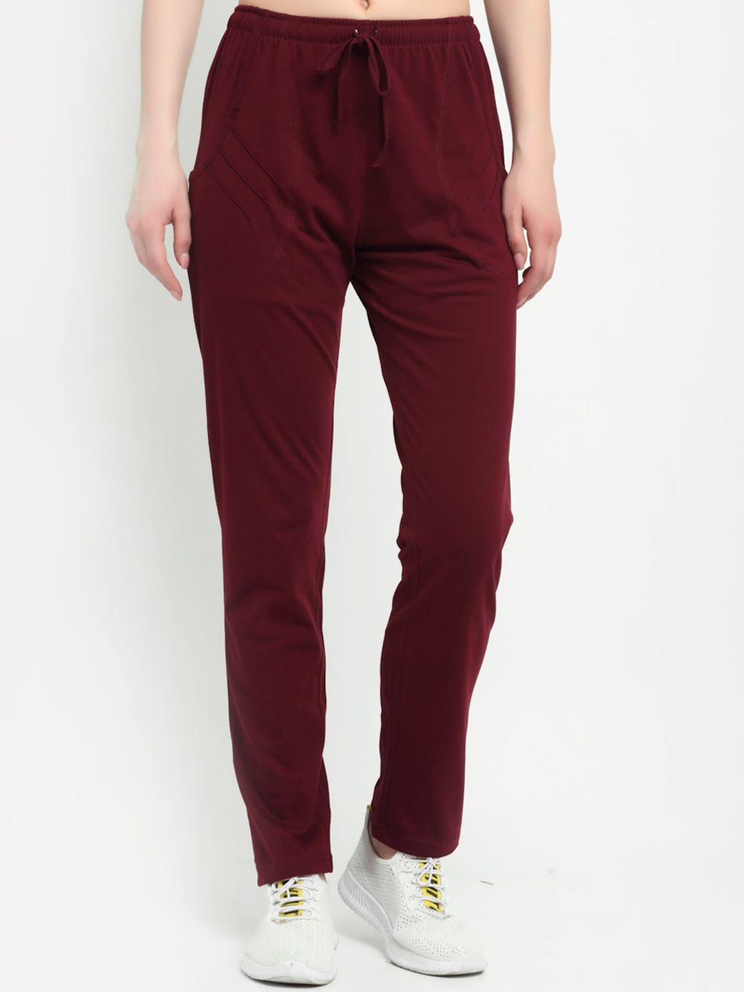 anti culture women maroon solid cotton track pants