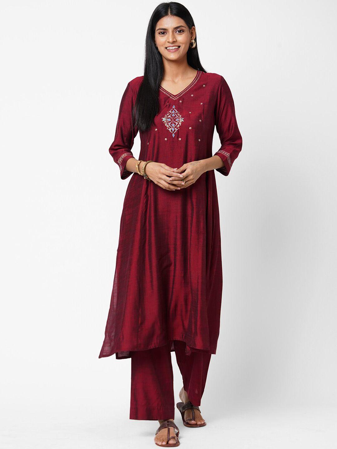 kami kubi women maroon embroidered a-line kurta with palazzos