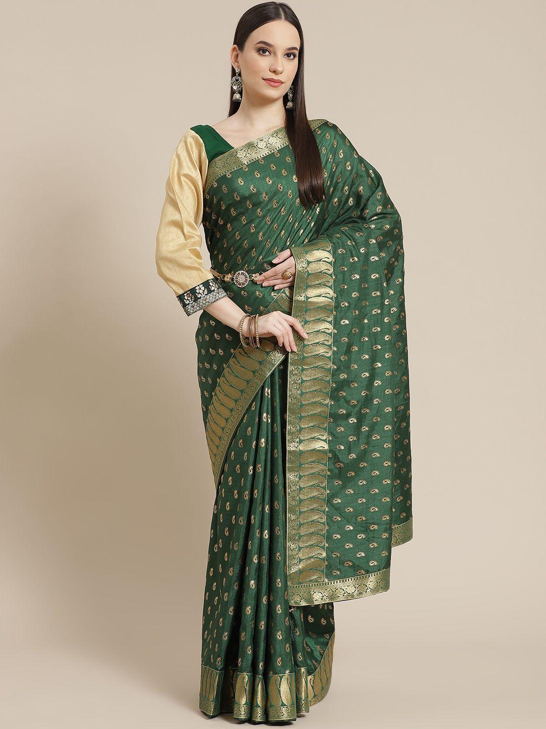 chhabra 555 green & golden paisley zari art silk saree with belt