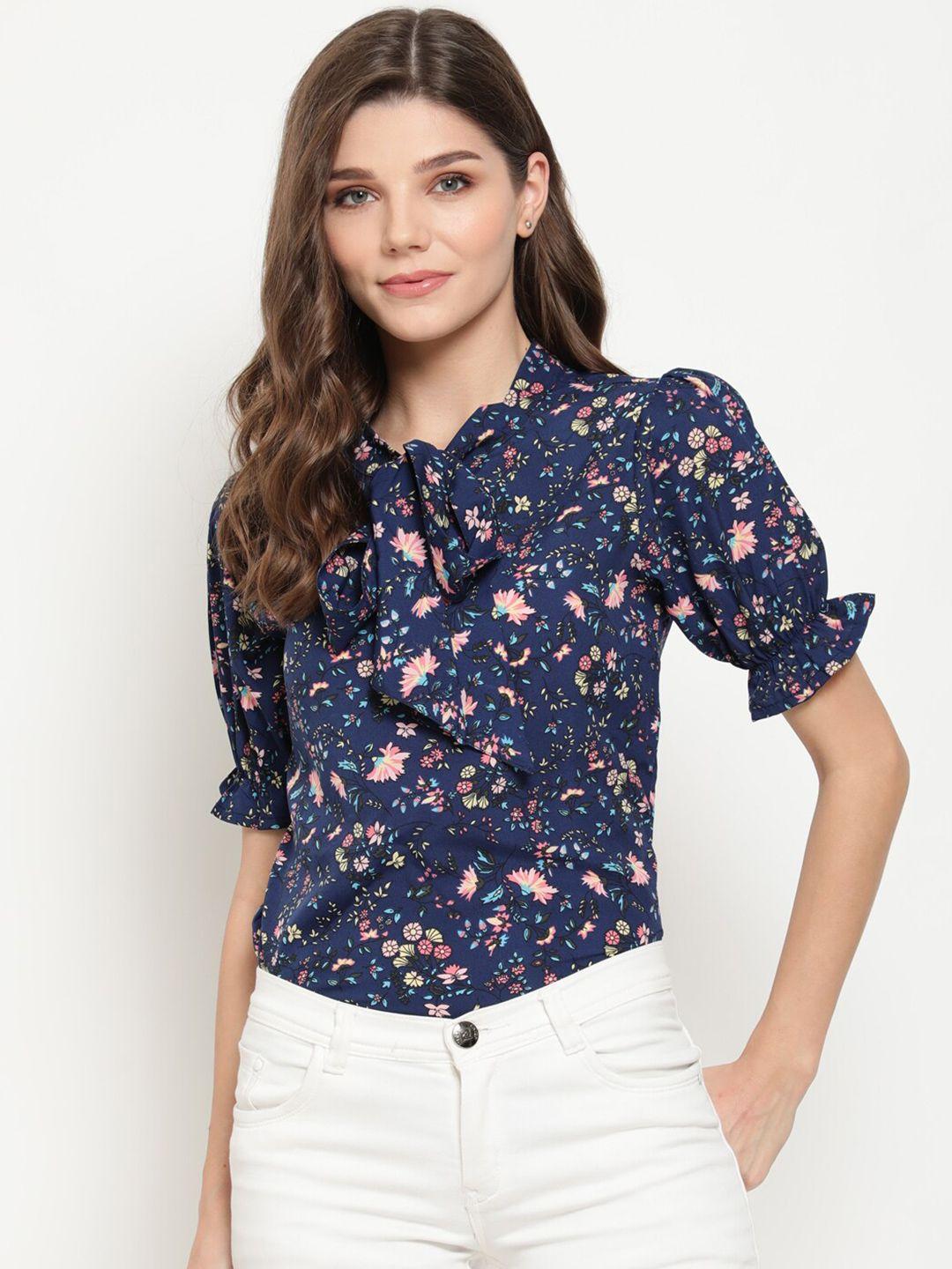 akimia blue floral print tie-up neck crepe top